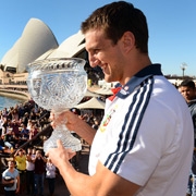British and Irish Lions captain Sam Warburton holds the Tom Richards Cup